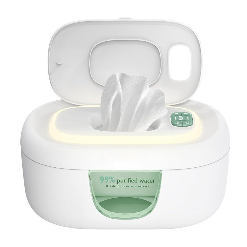 White electric baby wipe warmer with green accents and a top dispensing lid.