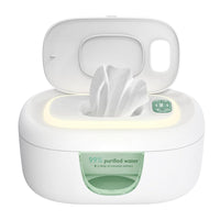 White electric baby wipe warmer with green accents and a top dispensing lid.