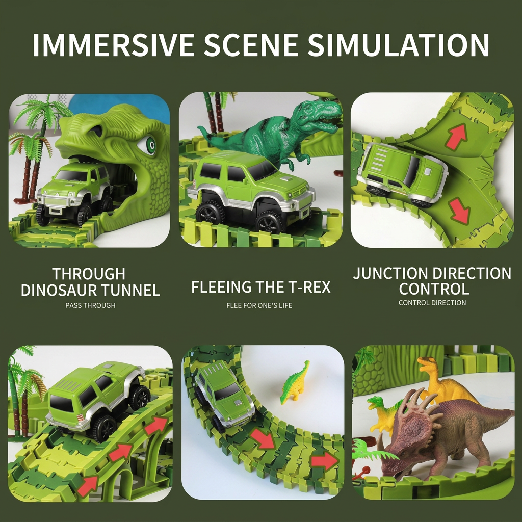 electric dinosaur track car toy set with flexible track pieces