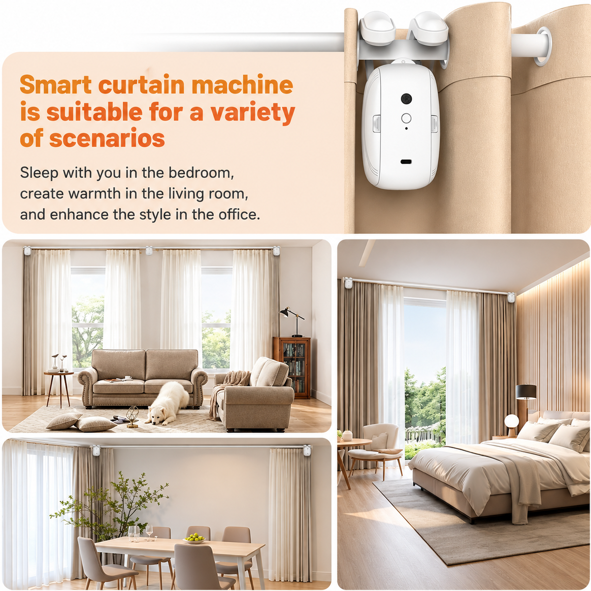 Electric drapery control device designed for compatible indoor curtains.