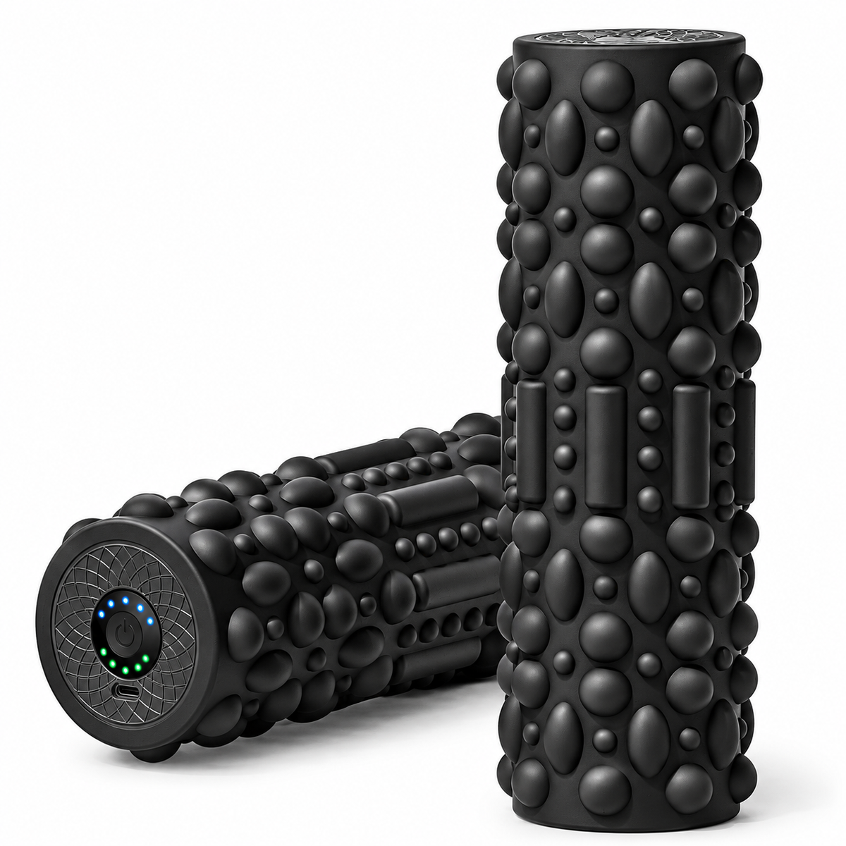 Electric foam roller for back exercises with a textured cylindrical surface.