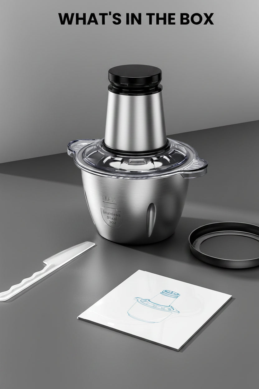 Electric food chopper with stainless steel blade assembly