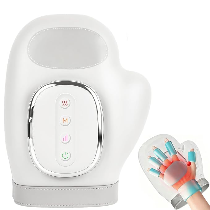 White electric hand massager with silver-trimmed controls and enclosed massage compartment.