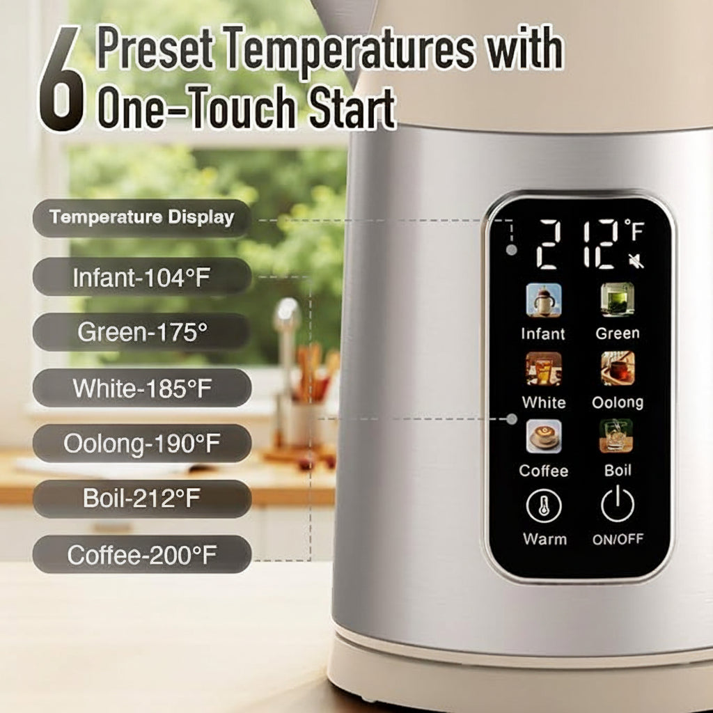 Electric kettle with six temperature presets for tea and coffee