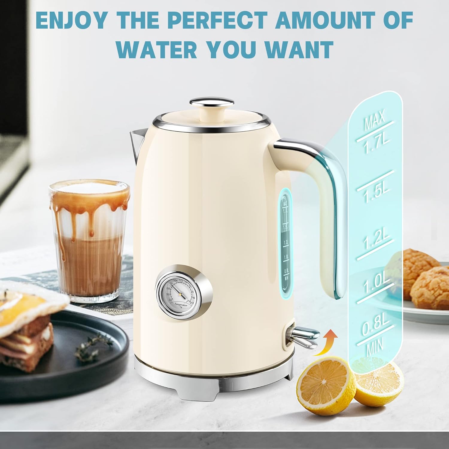 Close view of the temperature gauge on an electric water kettle