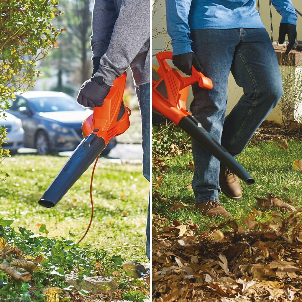 7-Amp corded electric leaf blower with high airflow for quick yard cleaning.
