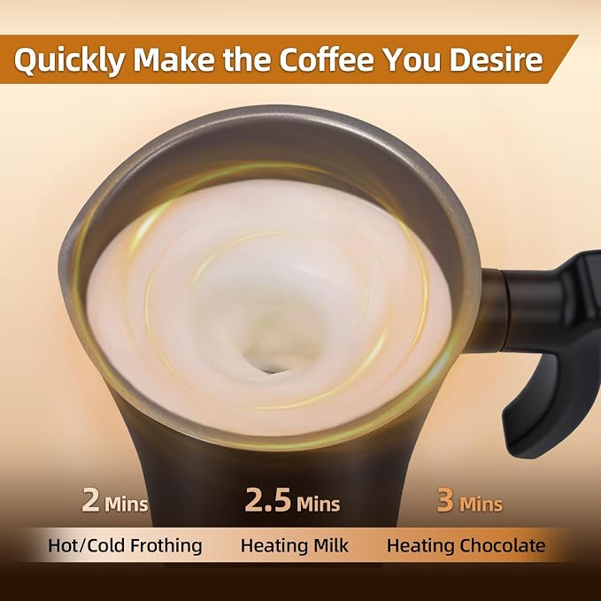 Electric milk frother preparing warm foam for coffee