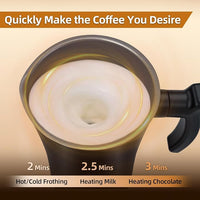 Electric milk frother preparing warm foam for coffee