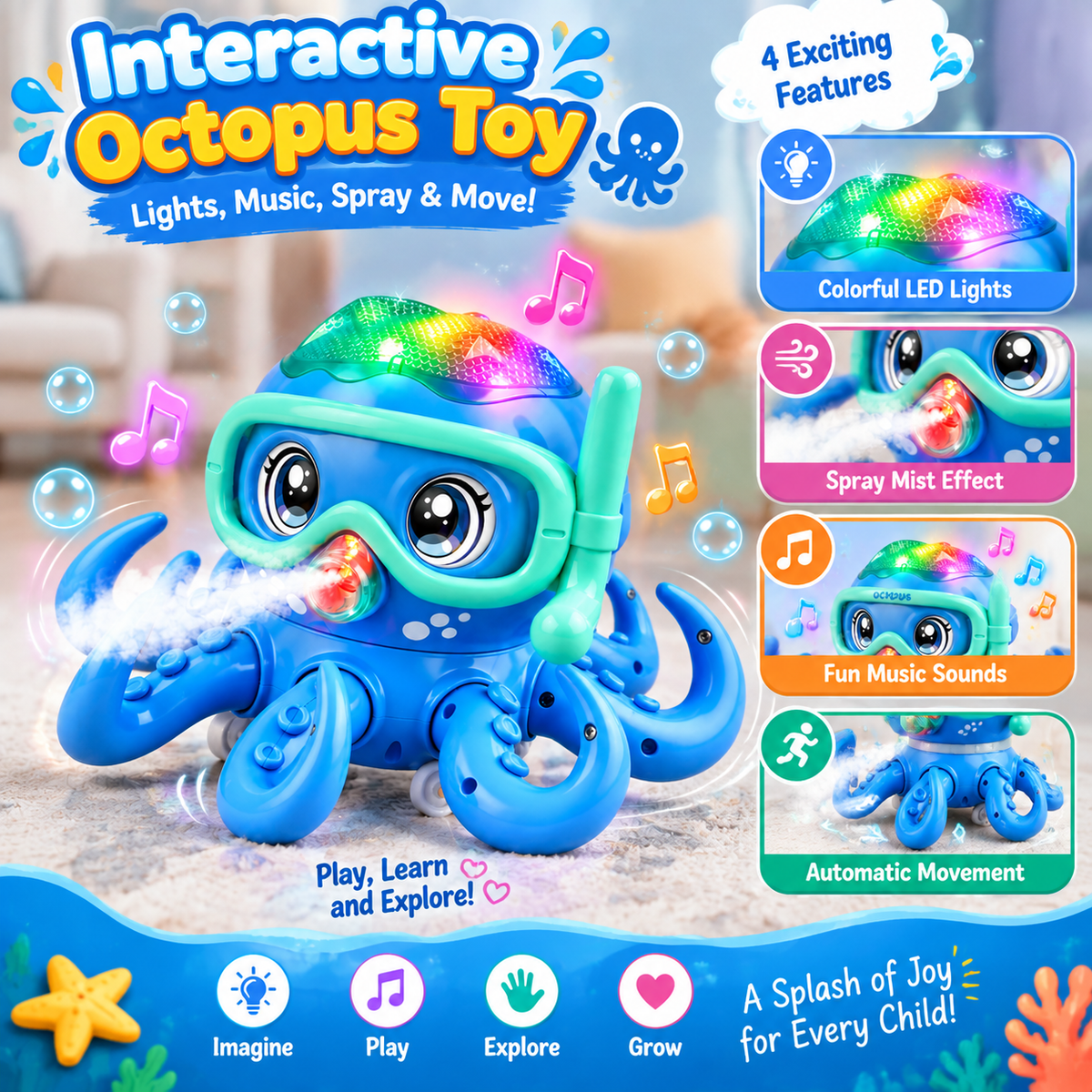 Electric octopus toy with interactive features
