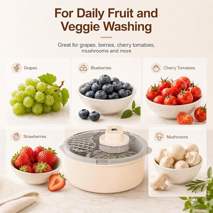 Electric produce washing bowl with spinning action