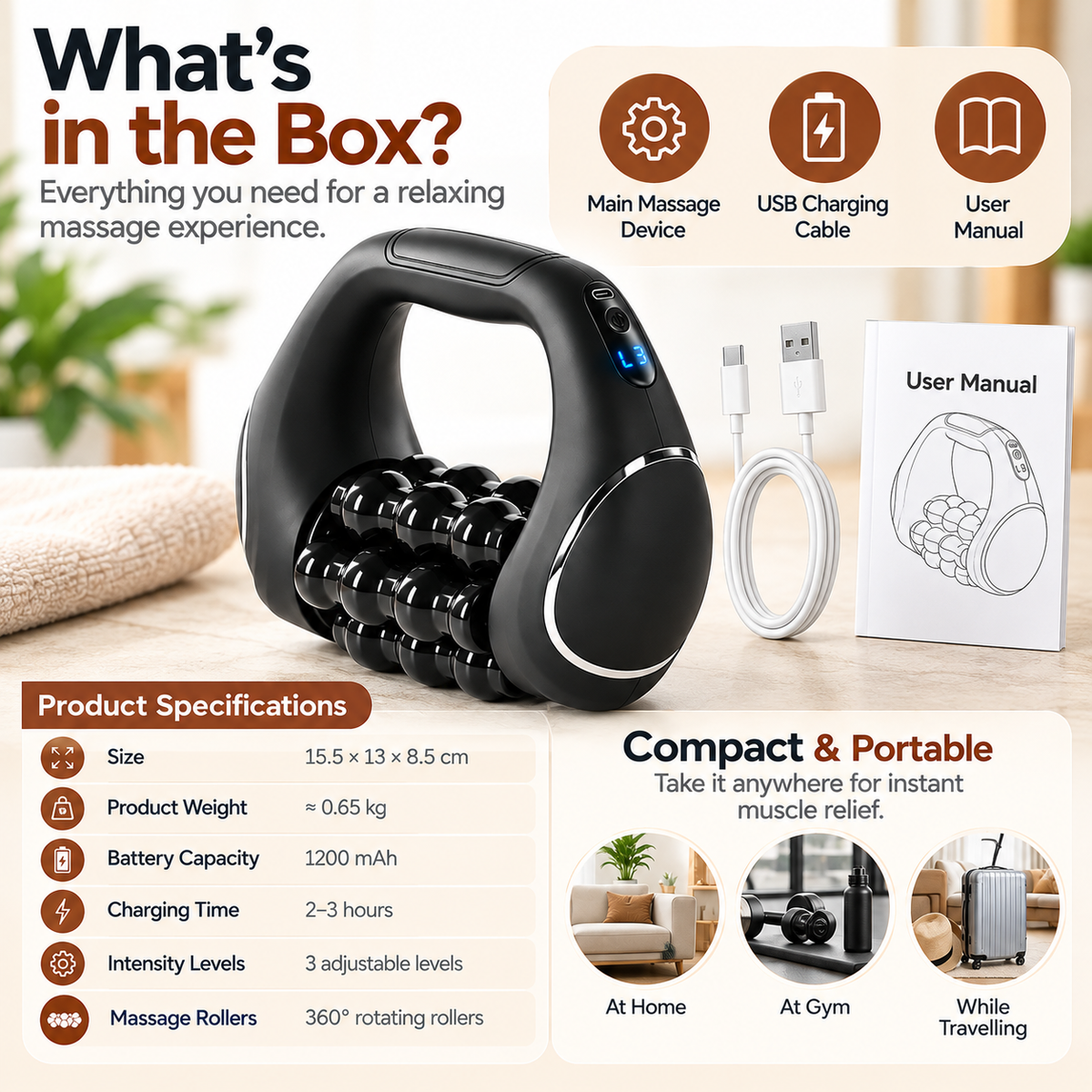 Detailed view of the controls on a powered body massage roller.