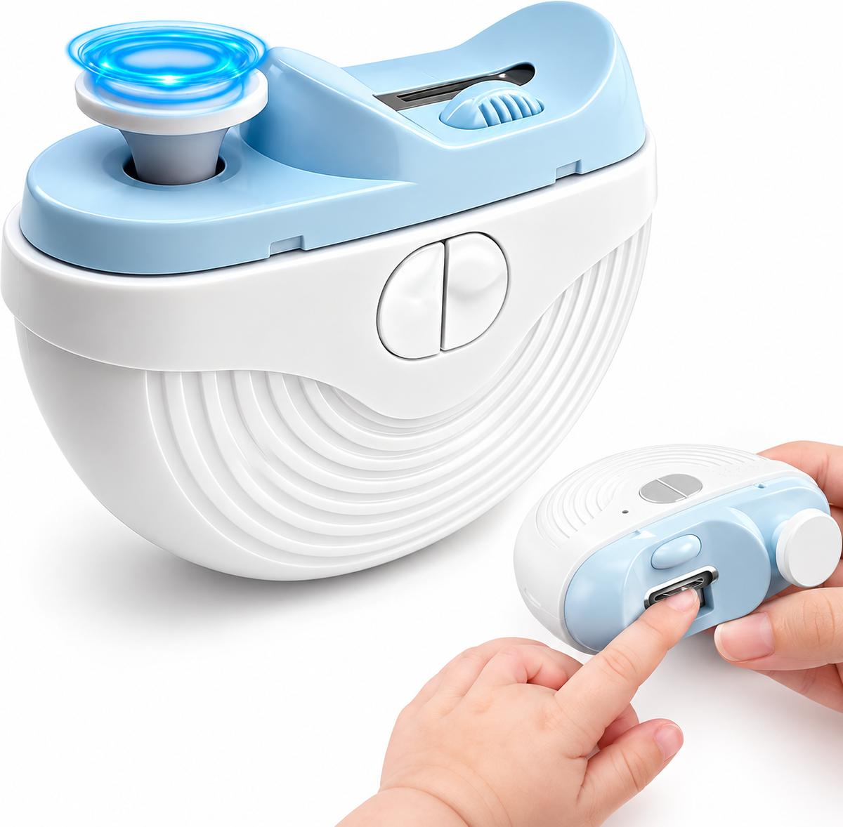 Electric newborn nail trimmer with compact blue and white grooming design