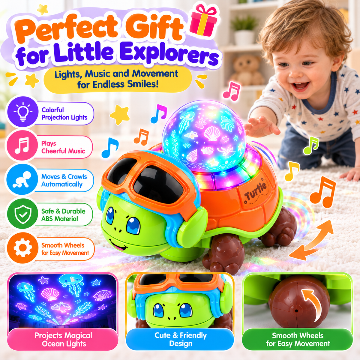 Front view of an electronic animal toy showing its animated face and body design.