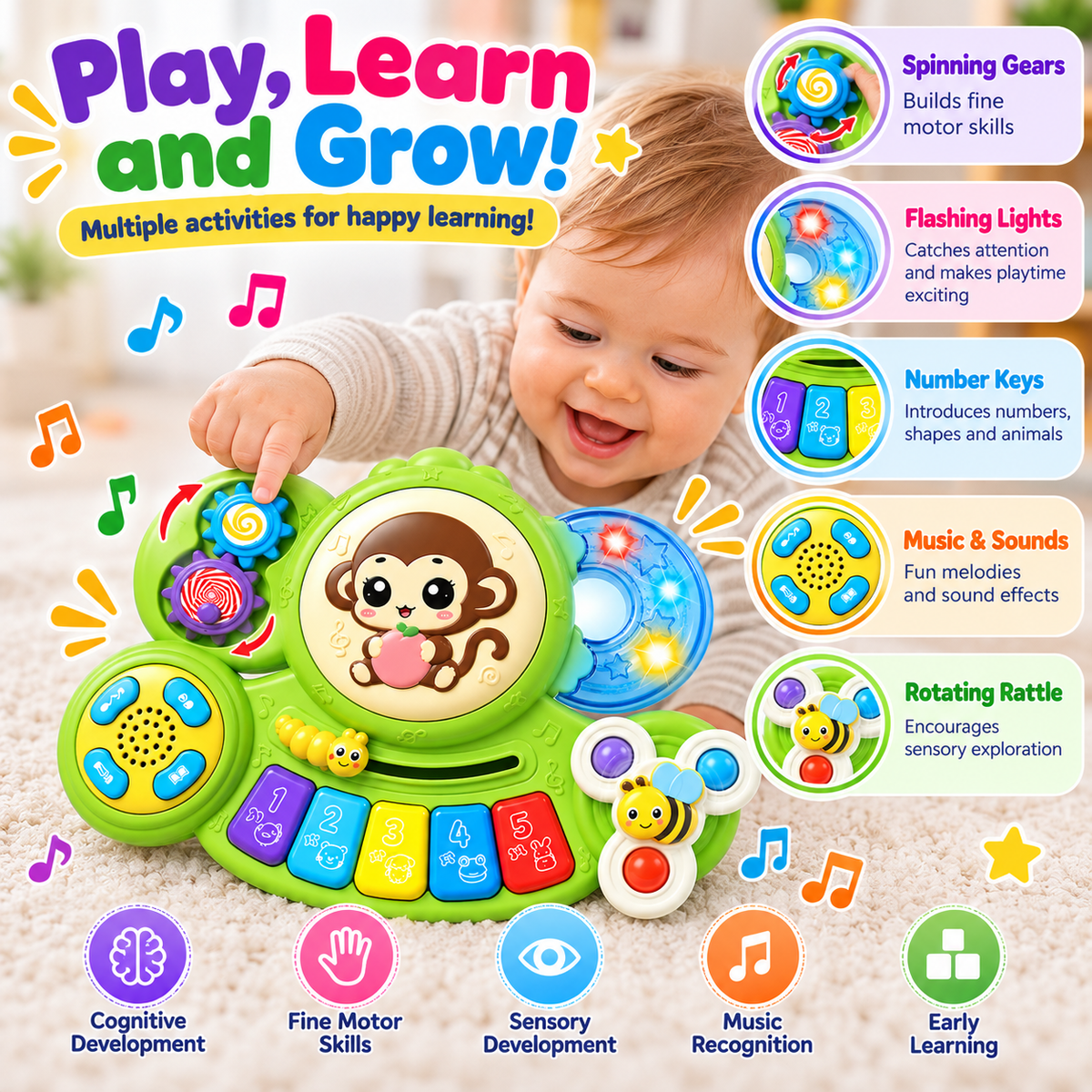 Electronic baby piano toy with an integrated hand drum for musical exploration.