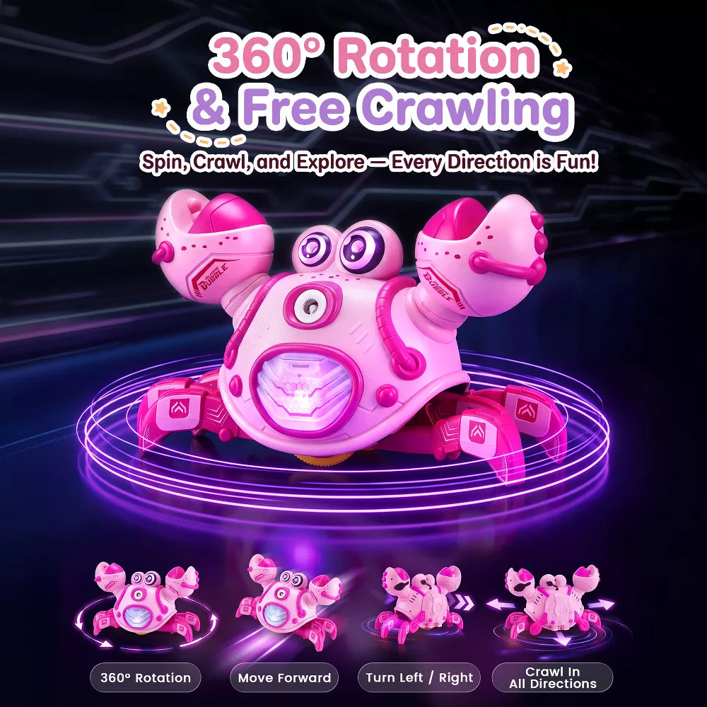 Front view of an electronic crab toy showing its colorful body and bubble machine design.