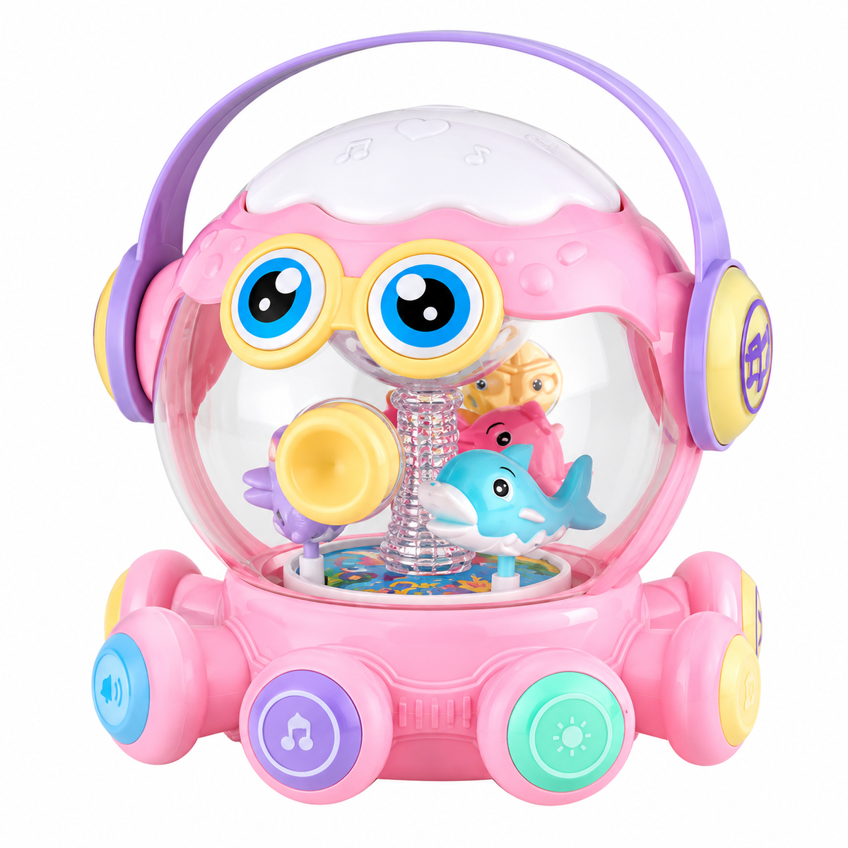 Electronic octopus drum toy featuring music, lights and interactive play elements.