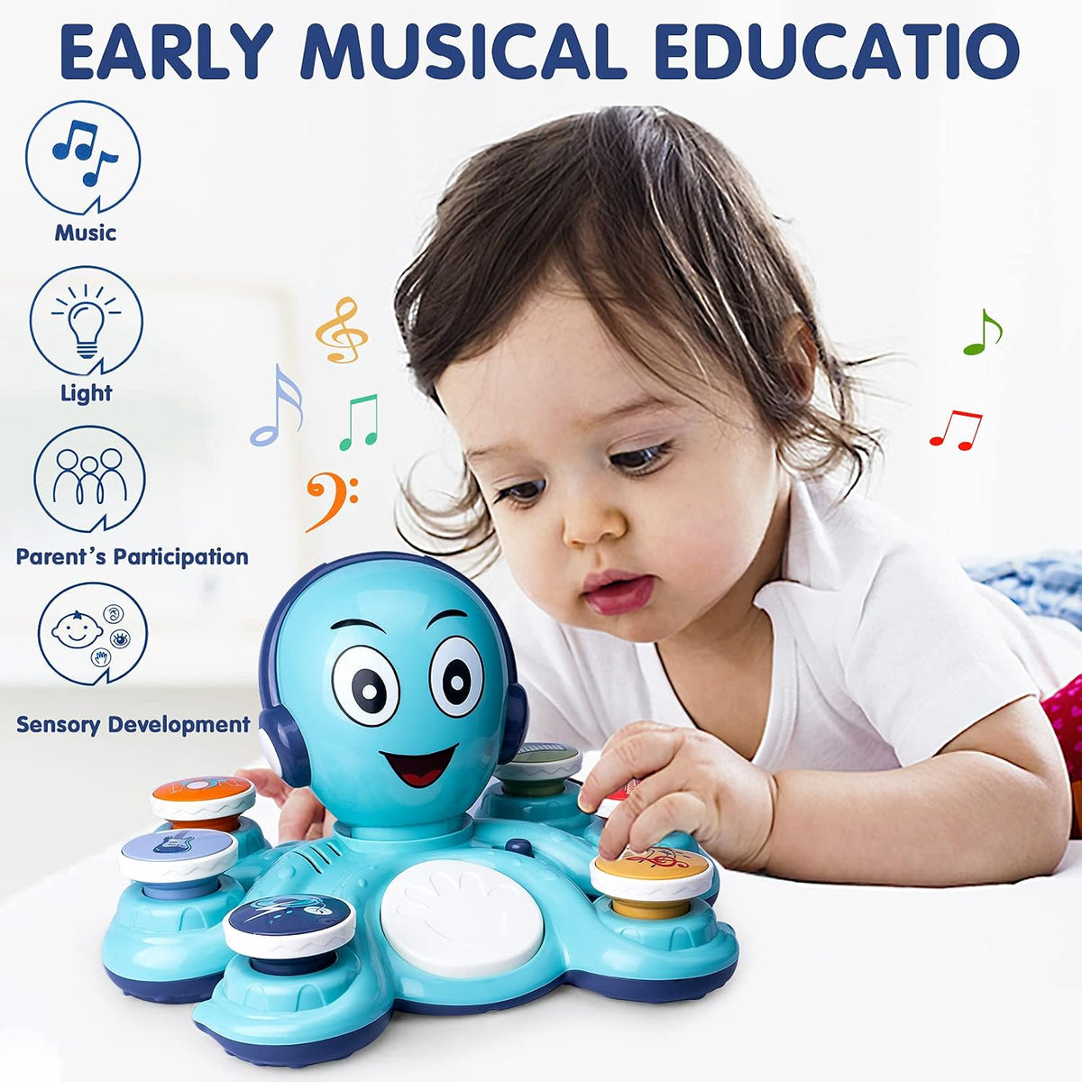 Electronic octopus music toy designed for supervised musical activities.