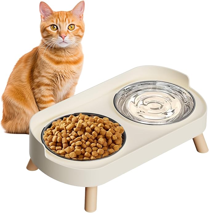 Elevated Cat Bowl Set White with Stainless Steel Food and Water Bowls