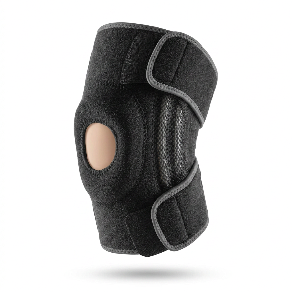 Front view of ELITE knee brace with side stabilizers and patella gel pads for men and women