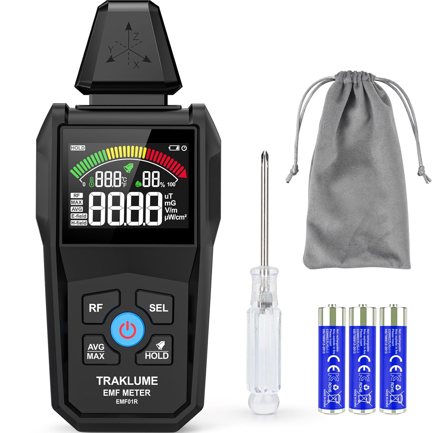 Front View of 5-in-1 EMF Detector Meter with Digital LCD Display for Radiation Monitoring