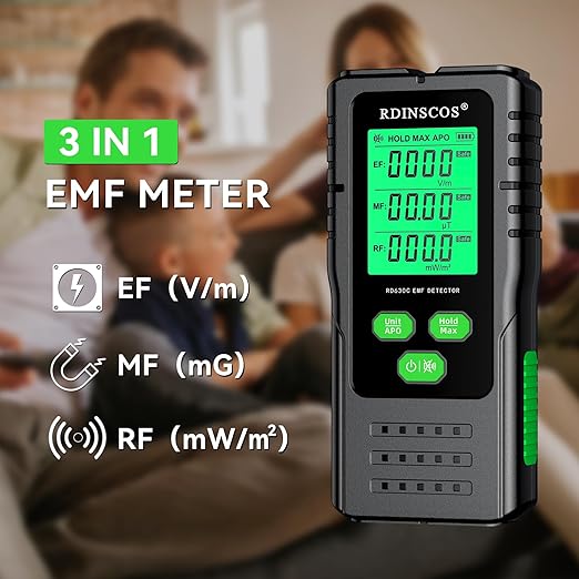 Digital LCD Display of EMF Detector Showing AC Magnetic, Electric, and Microwave Readings