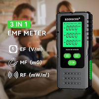 Digital LCD Display of EMF Detector Showing AC Magnetic, Electric, and Microwave Readings