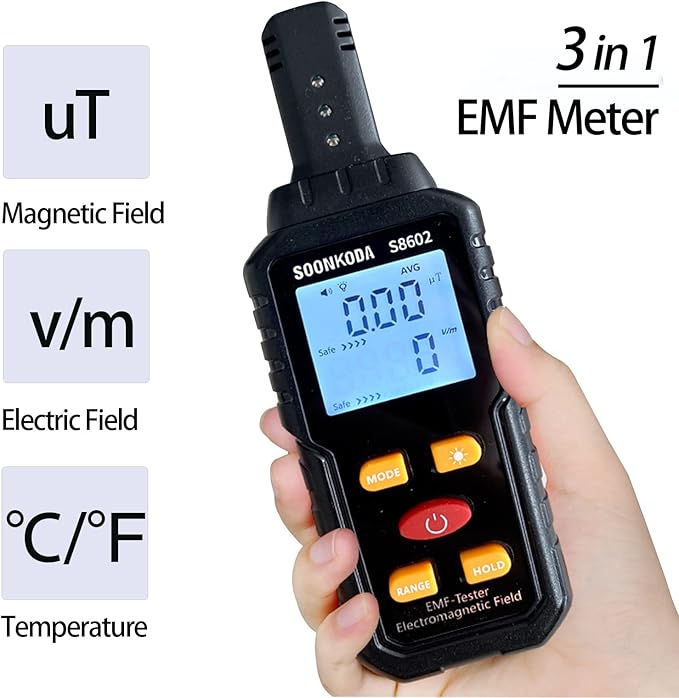 3-in-1 EMF Meter with Sound & Light Alarm Indicating High Radiation Levels