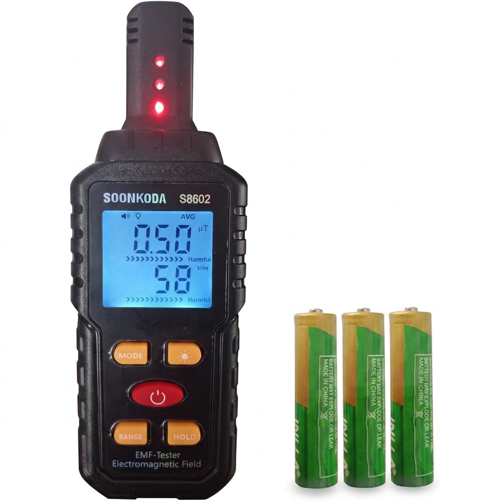 Front View of 3-in-1 EMF Meter with LCD Display and Sound & Light Alarm