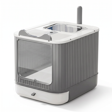 fully enclosed cat litter box with lid and drawer white & grey