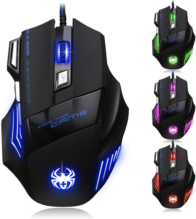 Ergonomic black wired optical mouse with LED light