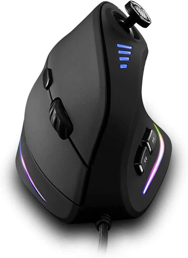 Ergonomic wired vertical RGB mouse front view for laptop and desktop use
