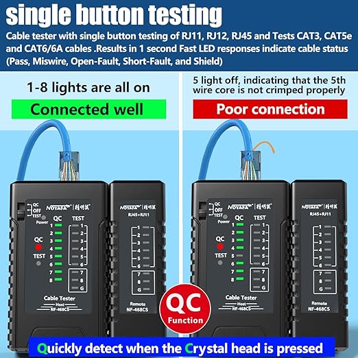 Ethernet Cable for RJ45, RJ11, RJ12, CAT5, CAT6, and POE Testing, UTP/STP Compatibility.
