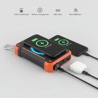Crossbody bag, Bluetooth headphones and solar power bank displayed on white background
