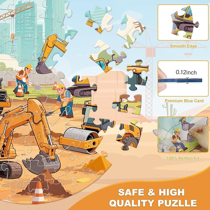 Excavator and dump truck construction puzzle for kids