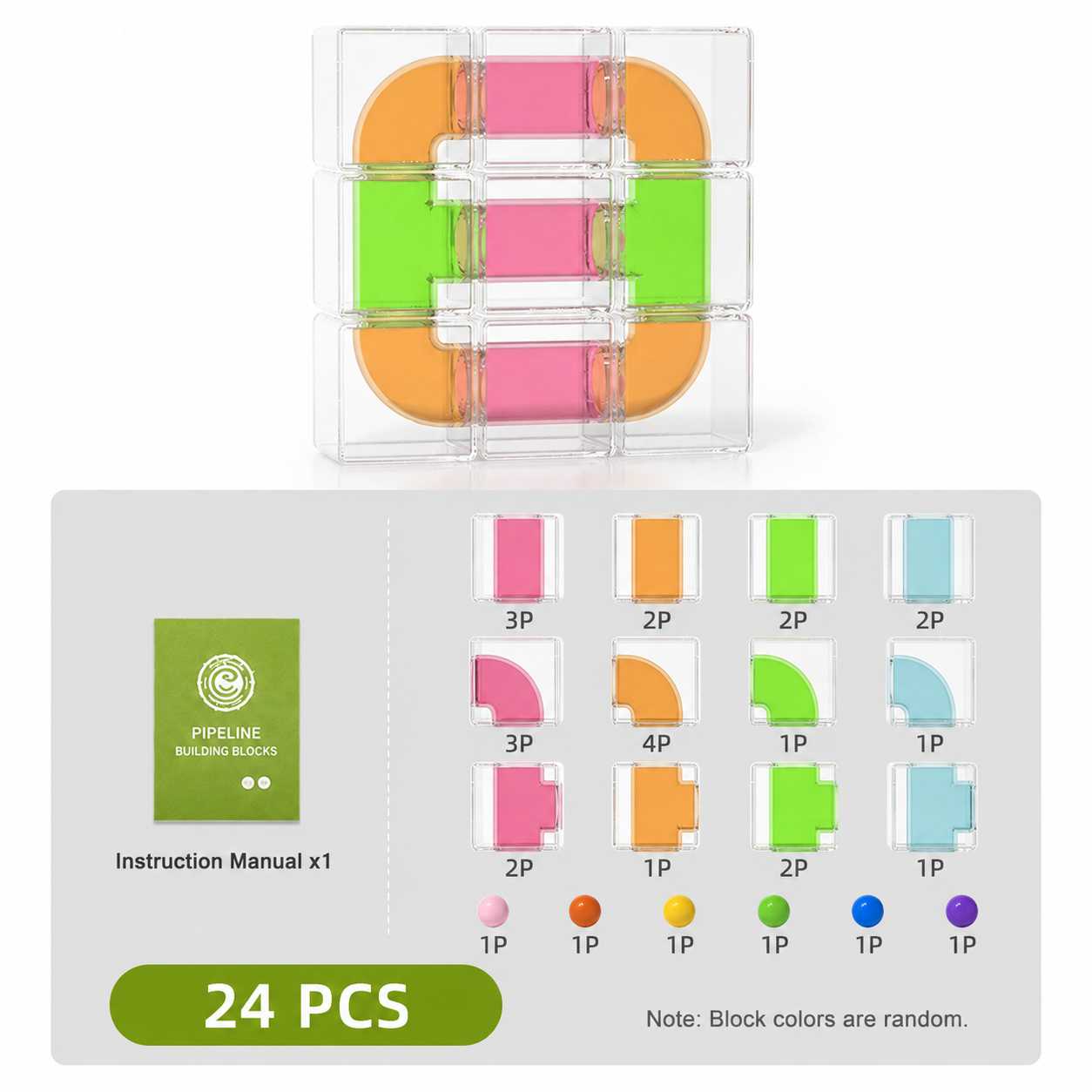 Family interaction building toy with transparent blocks and beads