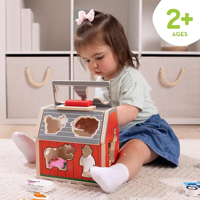 Farm animal toy set for kids with portable wooden barn playset