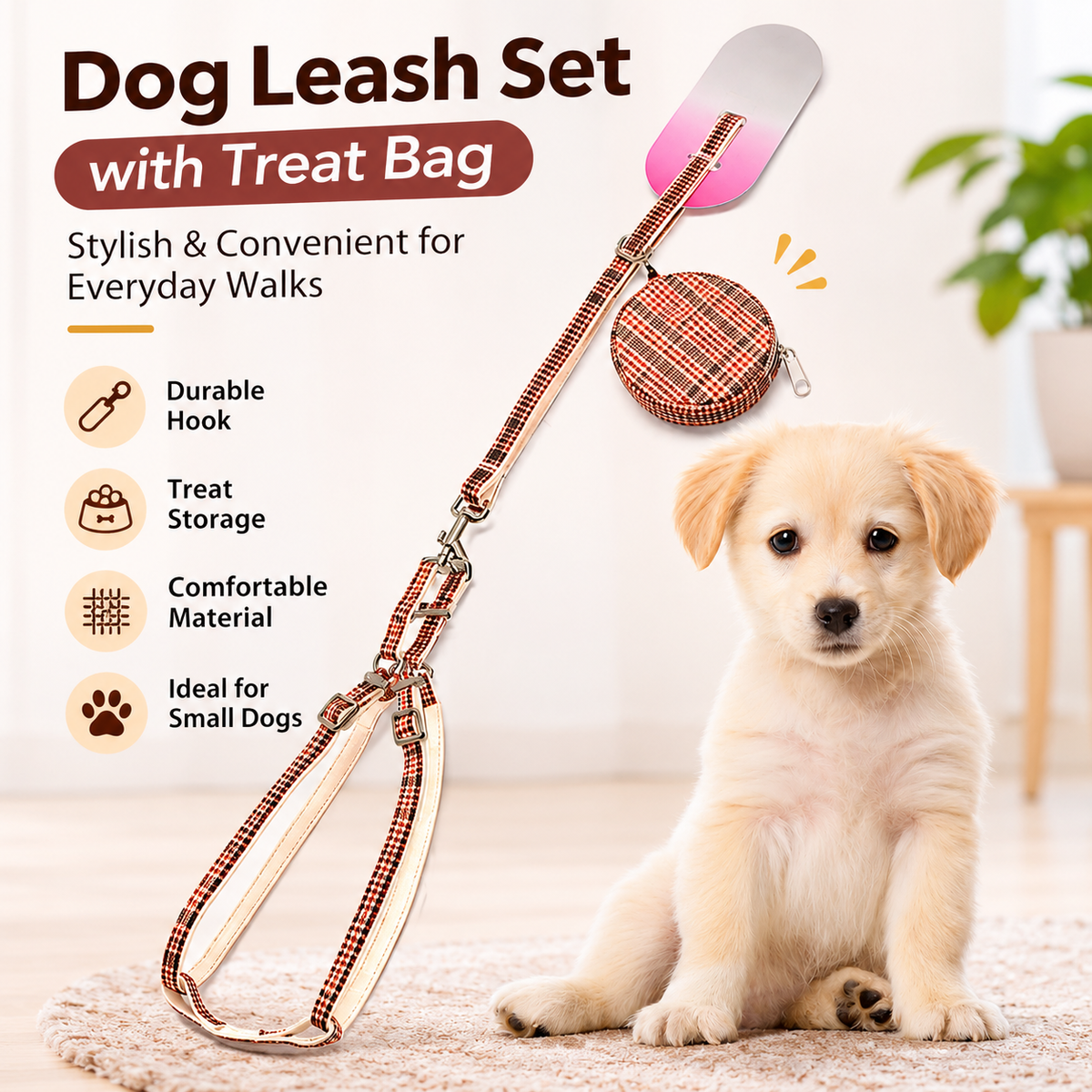 Fashion dog walking set with plaid harness leash and treat bag