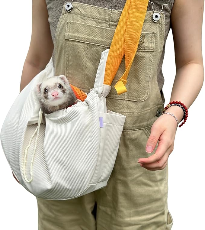 Ferret Sling Carrier with Adjustable Strap, Hands-Free Pet Travel Bag in Beige