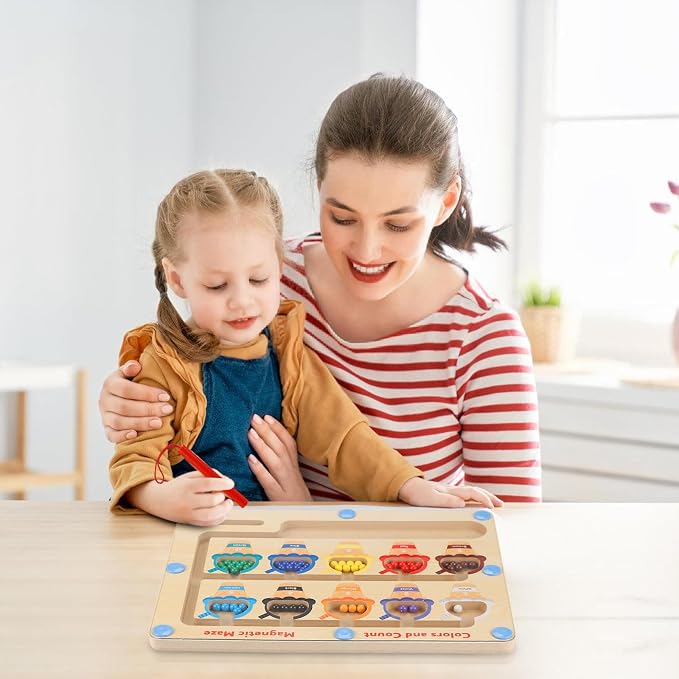 Fine motor skills magnetic maze toy with wooden board and colorful number sorting design