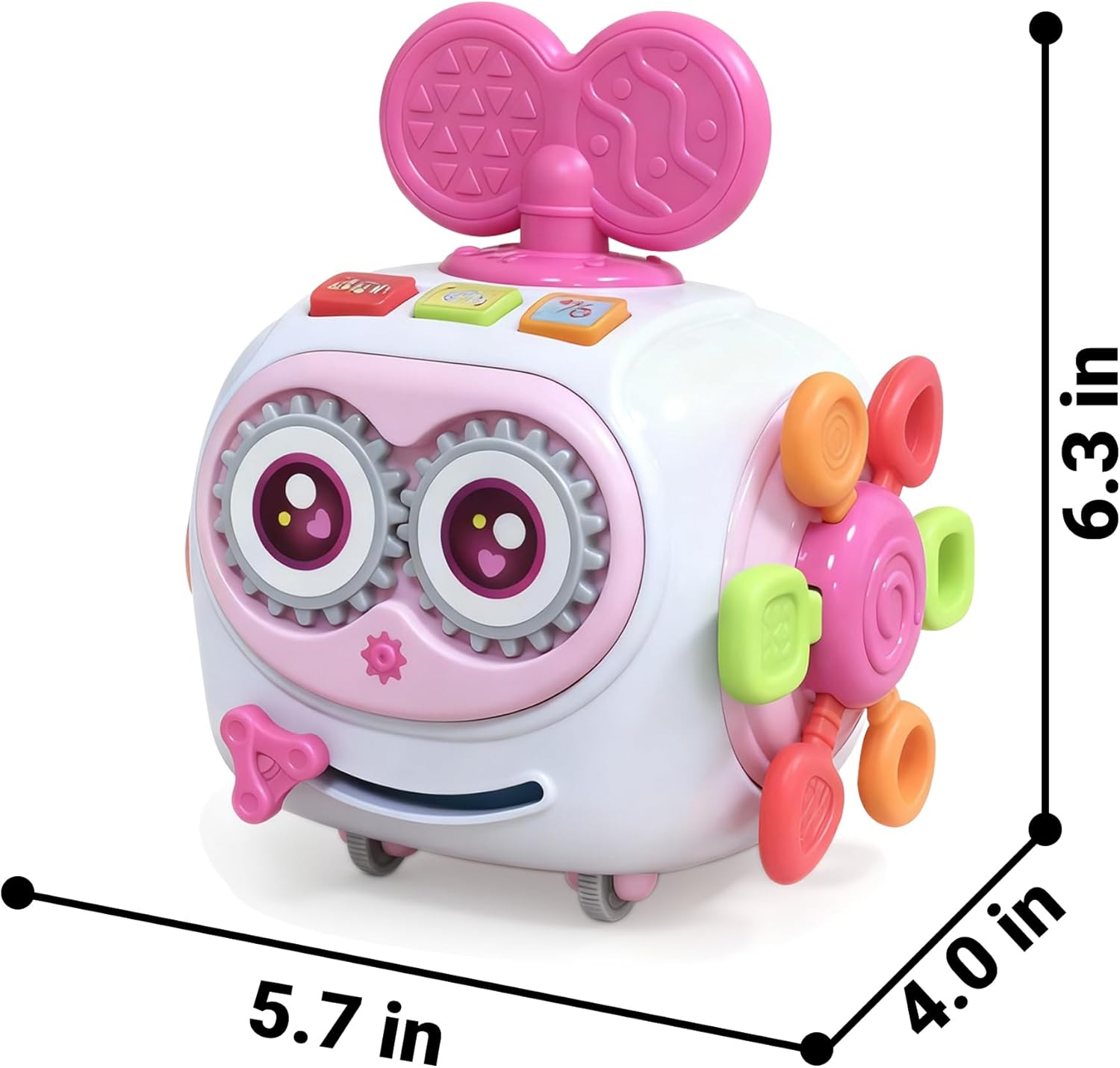 Toddler activity toy with buttons, sliders and turning parts