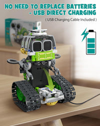 Five different robot construction models created using the 5-in-1 building kit.