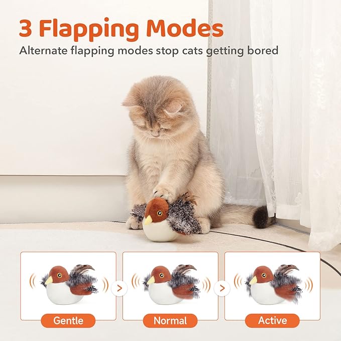 Cat interacting with touch-activated flapping bird toy