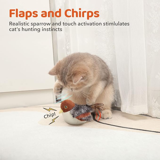 Side view of interactive cat toy with flapping sparrow design