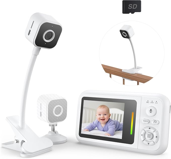 Baby monitoring camera with bendable arm, secure clip base and separate viewing display