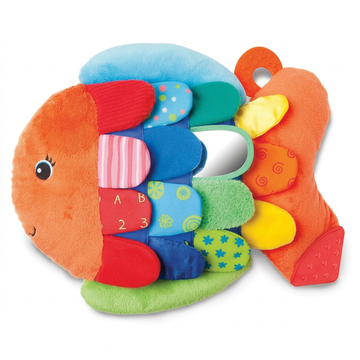 Flip Fish sensory toy for babies with crinkling, squeaking, and mirror