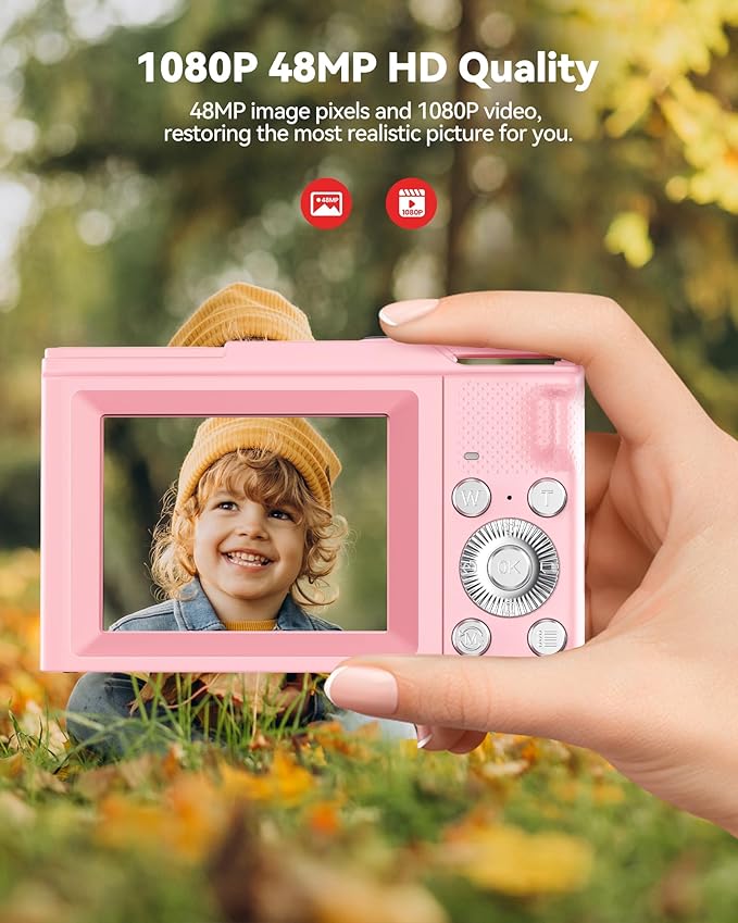 Digital camera with 180 degree flip screen for vlogging and selfies