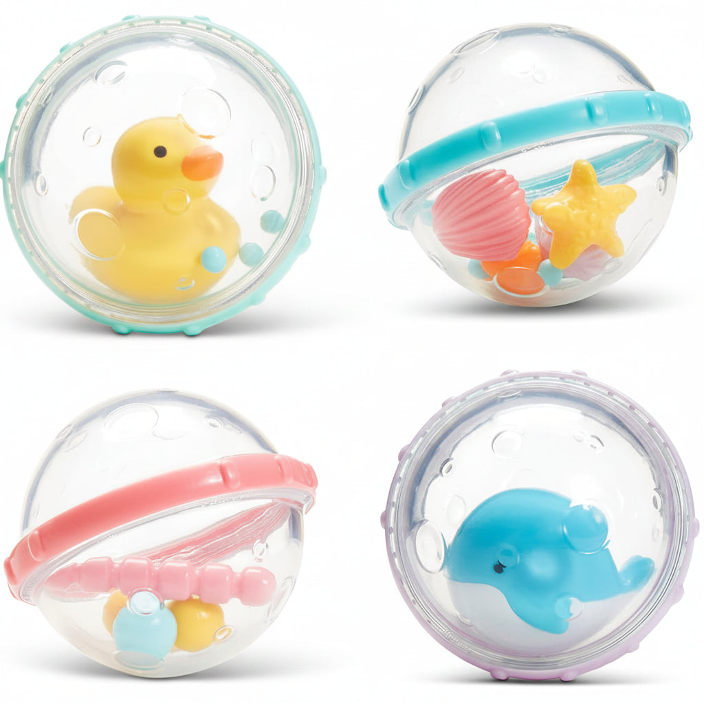 Float and play baby bath toy set with four colorful floating pieces
