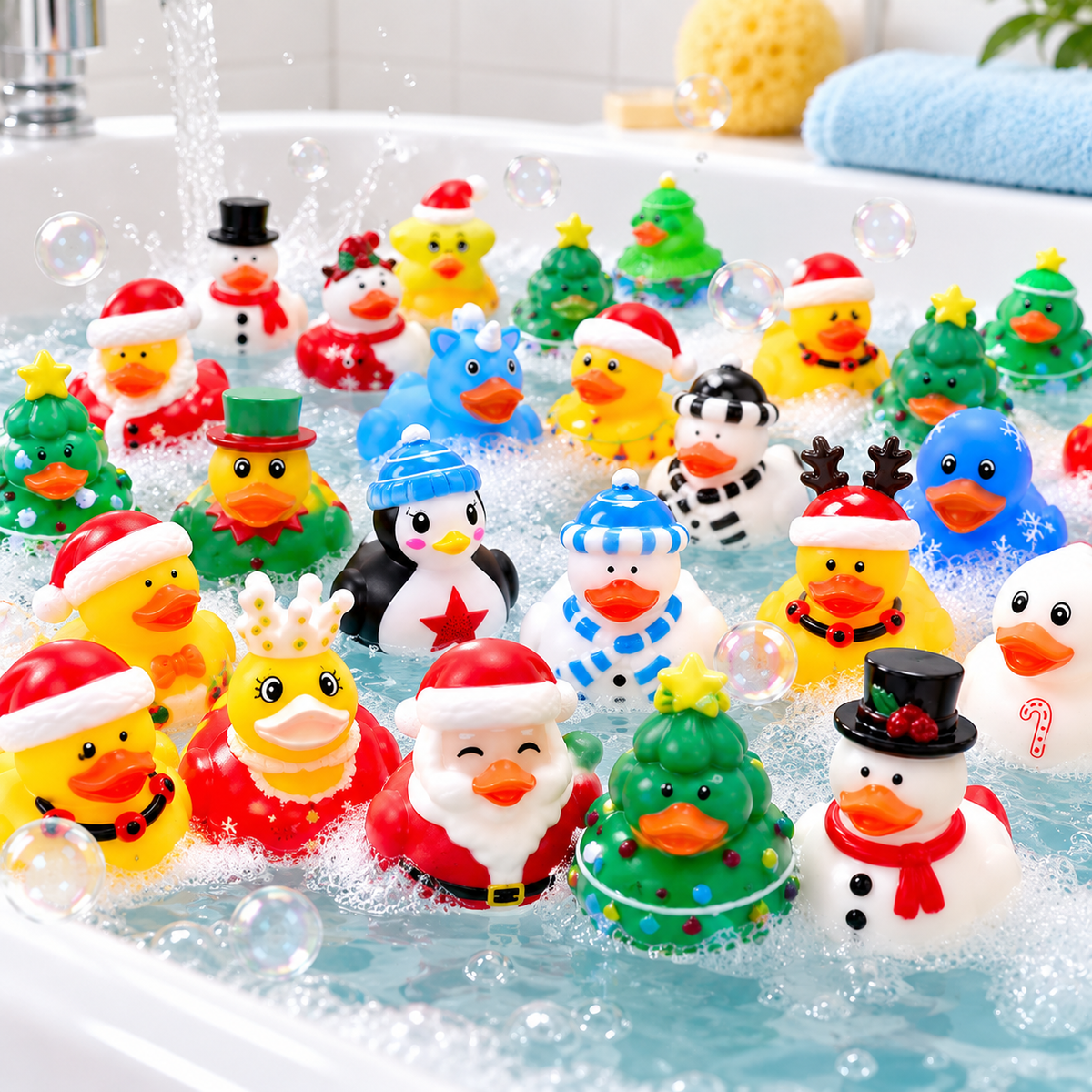 Multicolored seasonal duck toys displayed in a blue water-filled bathtub