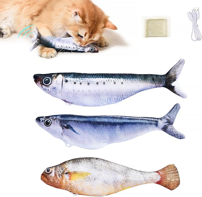 Sardine-shaped flopping cat toy with catnip for indoor play