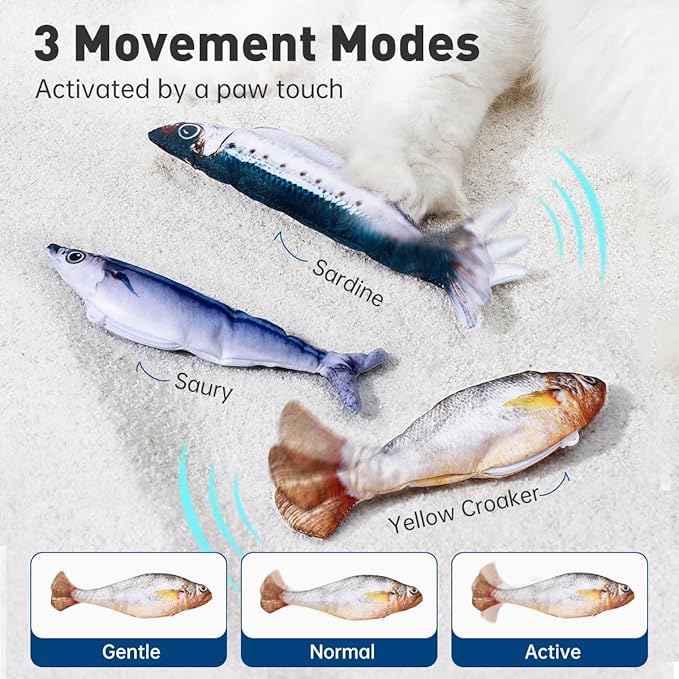 Saury-shaped flopping cat toy with tap-activated movement